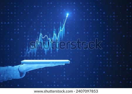 Close up of hand holding tablet with growing forex chart with bright upward arrow on blurry pixel background. Success, financial growth and trade concept