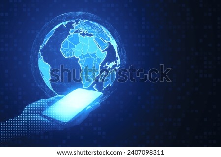 Close up of pixel hands holding mobile phone with digital polygonal globes on blue background. Global network and innovation