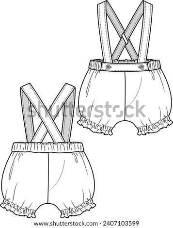 BABY BOTTOM WEAR BLOOMER WITH SUSPENDER BRACE FRONT AND BACK FASHION FLAT DESIGN VECTOR ILLUSTRATION Royalty-Free Stock Photo #2407103599