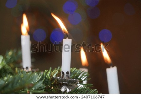 Christmas Green Tree And Candlelight. Beautiful Festive Background. 
