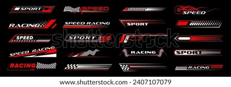 Racing sport car stickers and race line decals with checkered pattern, vector stripes. Auto art decals with car wheel, start or finish flag and red halftone racing pattern background for car stickers