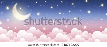 Night sky background. Starry dark gradient space. Crescent moon and clouds dreamy scene. Vector cute landscape panorama. Magic midnight illustration.