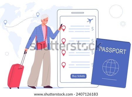 Elderly woman books a plane ticket in the application on his smartphone.  Airplane travel concept. Digital technologies for comfortable travel. 
