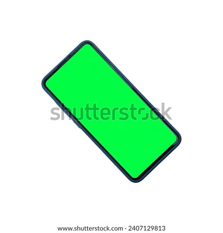 Dark blue bull-edged mobile phone with green screen for Global Business Infographic website design application. Isolated on a white background.
