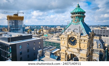 Aerial View of Historical Clock Tower Amidst Urban Construction, Milwaukee