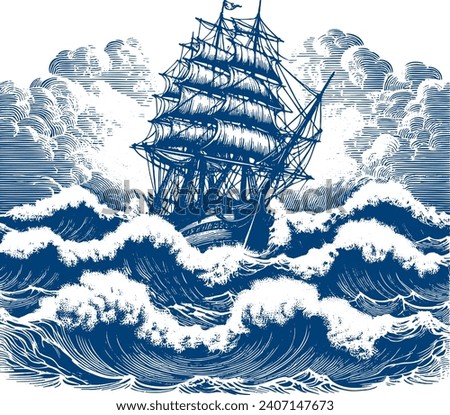 vintage large sailing ship sailing on big waves in a stormy sea vector stencil drawing engraving Royalty-Free Stock Photo #2407147673