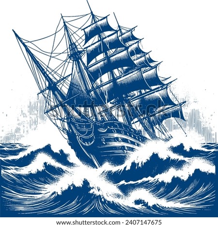 a large ancient sailing ship sails in a stormy sea vector engraving drawing