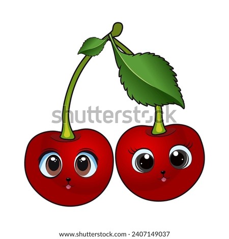 Illustration Vektor Graphic of, Kawaii cherry fruit character with a smiling face, perfect for vegetable products, logos, icons, covers, doodles,etc