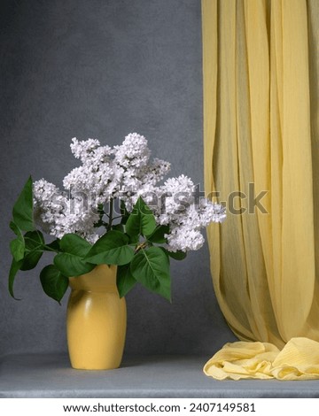 A large bouquet of white lilacs in a yellow vase on a gray background, with a yellow curtain hanging nearby, space for text. Still life with lilacs