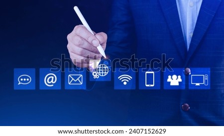 Businessman touching Global network connection digital business hologram, Options for Contact and business intelligence concept, Infograph, technology.