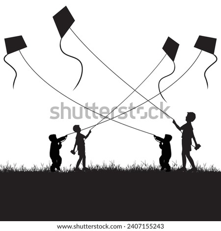 Silhouettes Soaring: Makar Sankranti's Kite-Flying Delight, This captivating vector celebrates Makar Sankranti with silhouettes of children immersed in the thrill of kite-flying. Royalty-Free Stock Photo #2407155243