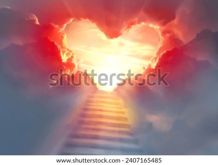 Stairway to Heaven.Stairs in sky. Concept with sun and clouds. Religion background. Red heart shaped sky at sunset. Love background with copy Royalty-Free Stock Photo #2407165485