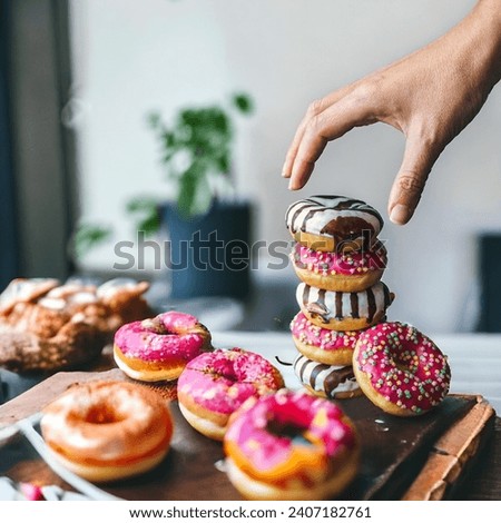 A hand reaching for a stack of donuts on a plate of baked goods, with a colorful array in the background