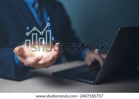 technology, marketing, increase, digital, hand, investor, smartphone, chart, analysis, balance. close up to palm of hands has bar chart HUD. there chart fluctuate by prices of market and demand.