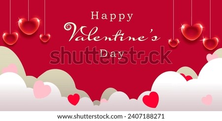Happy Valentine's day poster, design for flyer or invitation with sparkle glass heart effect and clouds