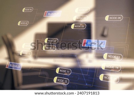 Double exposure of abstract creative programming illustration and modern desk with computer on background, big data and blockchain concept