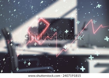 Creative abstract heart rate sketch and modern desk with computer on background, Medicine and healthcare concept. Multiexposure