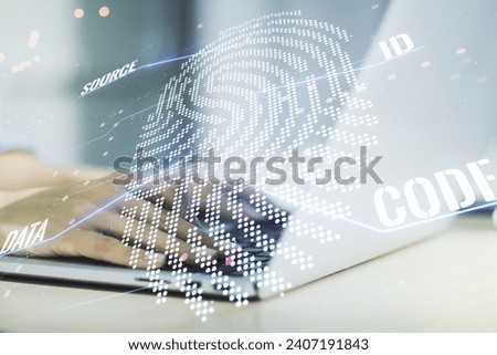 Multi exposure of abstract graphic fingerprint sketch with hands typing on computer keyboard on background, fingerprint scan data concept