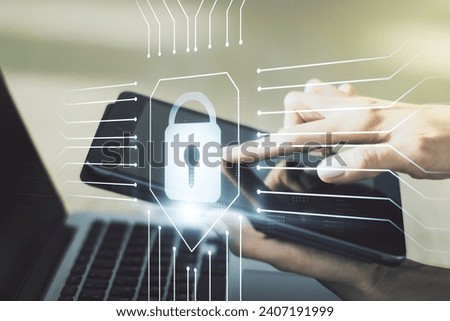 Creative lock illustration with microcircuit and finger presses on a digital tablet on background, cyber security concept. Multiexposure