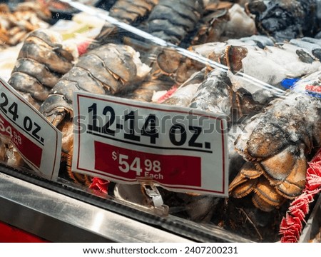 Lobster tails packed in ice for sale in a refrigerated case in a grocery store in Pittsburgh, Pennsylvania, USA