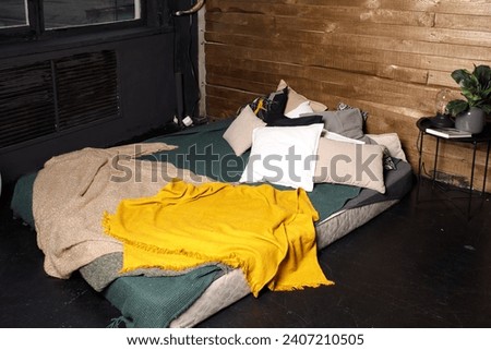 bedroom, gray bed linen in the room