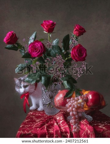 Still life with bouquet of roses and fruits and curious kitty