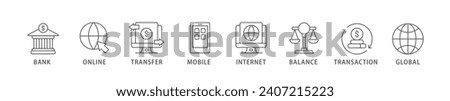 Online banking banner web icon vector illustration concept with icon of account, online payment, transfer funds, mobile banking, internet banking, balance check, transaction report, global transfer