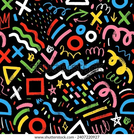 Colorful childish style geometric seamless pattern with various brush strokes and shapes. Scribbles, doodle lines, geometric brush strokes. Vector background with contemporary playful basic figures.