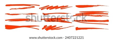 Red strikethroughs and underlines set. Brush drawn various strokes, crossed lines and strike through. Grunge collection of strokes written with marker, charcoal or pencil. Childish freehand style. Royalty-Free Stock Photo #2407221221