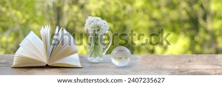 paper book, glass ball globe, bouquet of wild garlic flowers on old wooden table in garden, blurred natural landscape in background with green foliage, Ecology concept, education, energy of nature