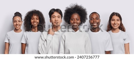 Photo collage of cheerful women and men smile gladfully show teeth dressed in casual clothing stand next to each other isolated over white background. Large group of people being in good mood