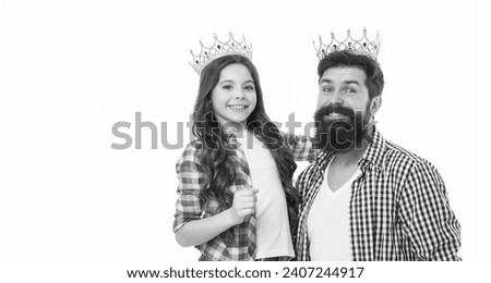 Bearded man proud of his daughter. Play game with daughter. Fatherhood concept. Fun with daughter. Royal family. Man golden crown and little girl kid. King and princess. Happy family white background