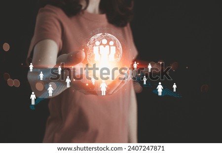 CRM Customer Relationship Management Business Internet Technology Concept. Businesswoman with global structure client network, hr, human resources, customer service, Worldwide digital marketing online Royalty-Free Stock Photo #2407247871