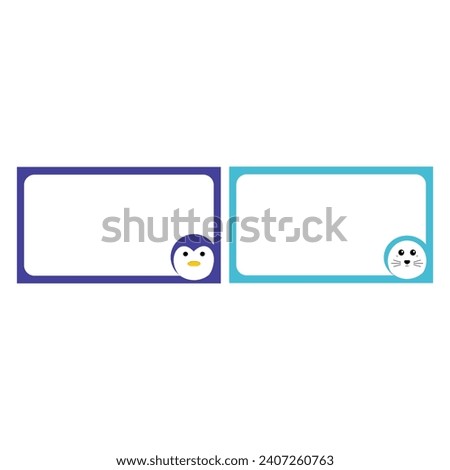 Set of two frames with penguin and smiley. Vector illustration. sticker labels to identify a book or our belongings. Cute sticker design for children that can be printed