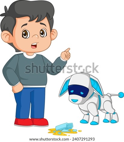 young boy angry with cyber dog of illustration