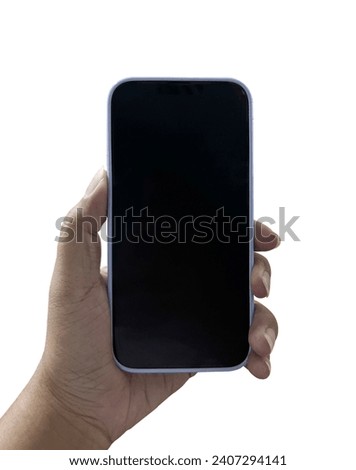 Smartphone showing a hand holding a smartphone with a blank black screen Ready to use white backdrops for design and advertising.