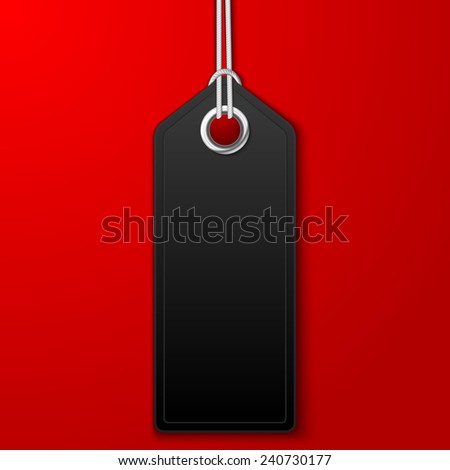 Empty black label or price tag with cord, isolated on red background