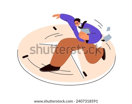 Deadline pressure and bad time-management concept. Busy hectic business man hurrying. Stressed office worker late with work, running on clock. Flat vector illustration isolated on white background Royalty-Free Stock Photo #2407318591