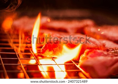 Grilling pork on stainless steel grill with flames on black background, food and cuisine concept. Burning pork on a charcoal grill.