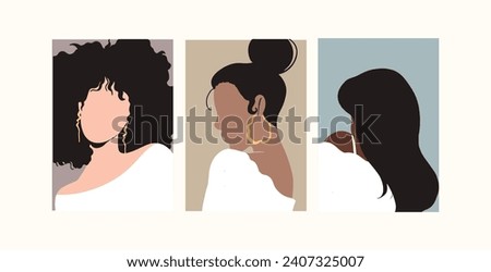Set of abstract female and leaves silhouettes in boho style. Abstract women portraits in pastel colors. Collection of contemporary art. Fashion paper cut elements for social media posters