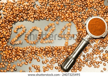 Pictures of coffee beans and portafilter made textured with happy new year 2024 concept.