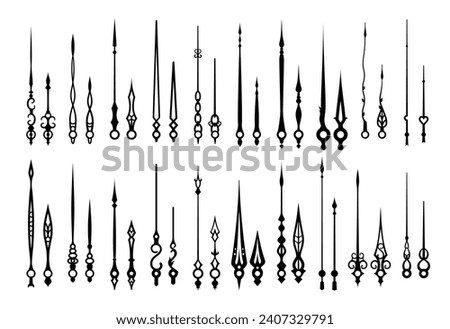 Clock hands, watch arrows and time pointers, vector isolated icons for clock face. Hour, minute or second clock hands of vintage old or retro antique watch with Victorian or Medieval ornate shape Royalty-Free Stock Photo #2407329791