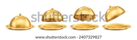 Golden dish tray. Luxury restaurant golden dishware, cooking equipment, and cafe waiter 3d realistic bronze or gold metal dome platters or dish trays mockups with closed and open lid Royalty-Free Stock Photo #2407329827