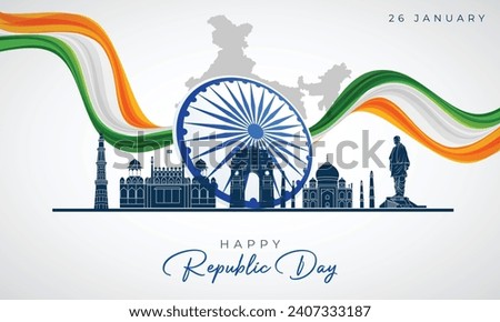 26 January - Happy Republic Day of India Banner Design. Indian Republic Day Celebration with Indian Flag Waves and Text. Famous Indian Landmarks with Ashoka Chakra Royalty-Free Stock Photo #2407333187