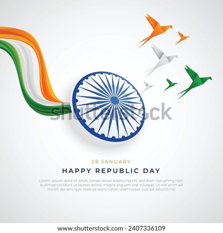 Happy Republic Day India Social Media Post and Flyer Template. 26 January - Indian Republic Day Celebration Greeting Card with Text. Tricolor Origami Birds Flying with Ashoka Chakra Royalty-Free Stock Photo #2407336109