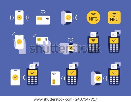 Icon set of contactless payment, online banking, smart transaction in color modern minimalist style. Vector illustration