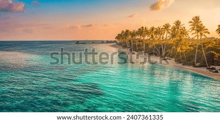 Fantastic aerial sunset of beautiful Maldives paradise tropical beach. Amazing colorful sea sky bay water, palm trees sandy beach panorama. Luxury travel vacation destination. Best popular landscape