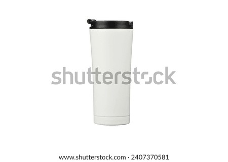 Thermos cup as a model, clean material. White thermos cup with black lid, blank for text. Copy space. Isolated transparent background, png background. Royalty-Free Stock Photo #2407370581