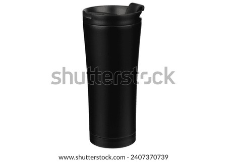 Thermos cup as a model, clean material. Black clean thermos cup with black lid, blank for text. Copy space. Isolated transparent background, png background. Different shooting angle. Royalty-Free Stock Photo #2407370739