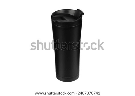 Thermos cup as a model, clean material. Black clean thermos cup with black lid, blank for text. Copy space. Isolated transparent background, png background. Different shooting angle.
